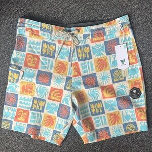 VISSLA Men's Blue and Orange Patterned Board Shorts